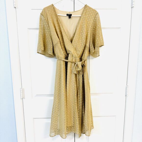 New Torrid Gold Metallic Polka Dot Mesh Wrap Dress Holiday Party Women's Size 2 - Picture 3 of 7